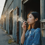 Person holding a vape cart with Midtown Atlanta skyline view