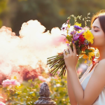 Cannabis delivery products on an outdoor Atlanta patio with skyline in background