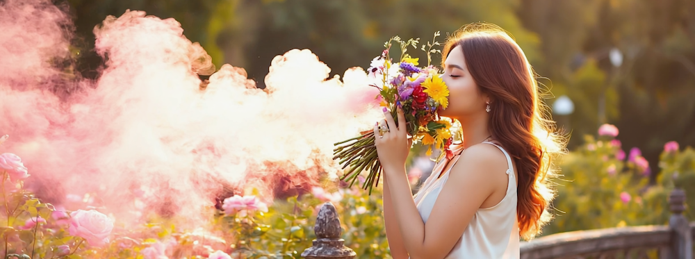 Cannabis delivery products on an outdoor Atlanta patio with skyline in background