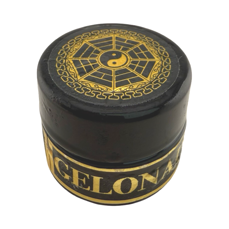 Gelonade Cold Cure Rosin jar with gold and black yin yang packaging