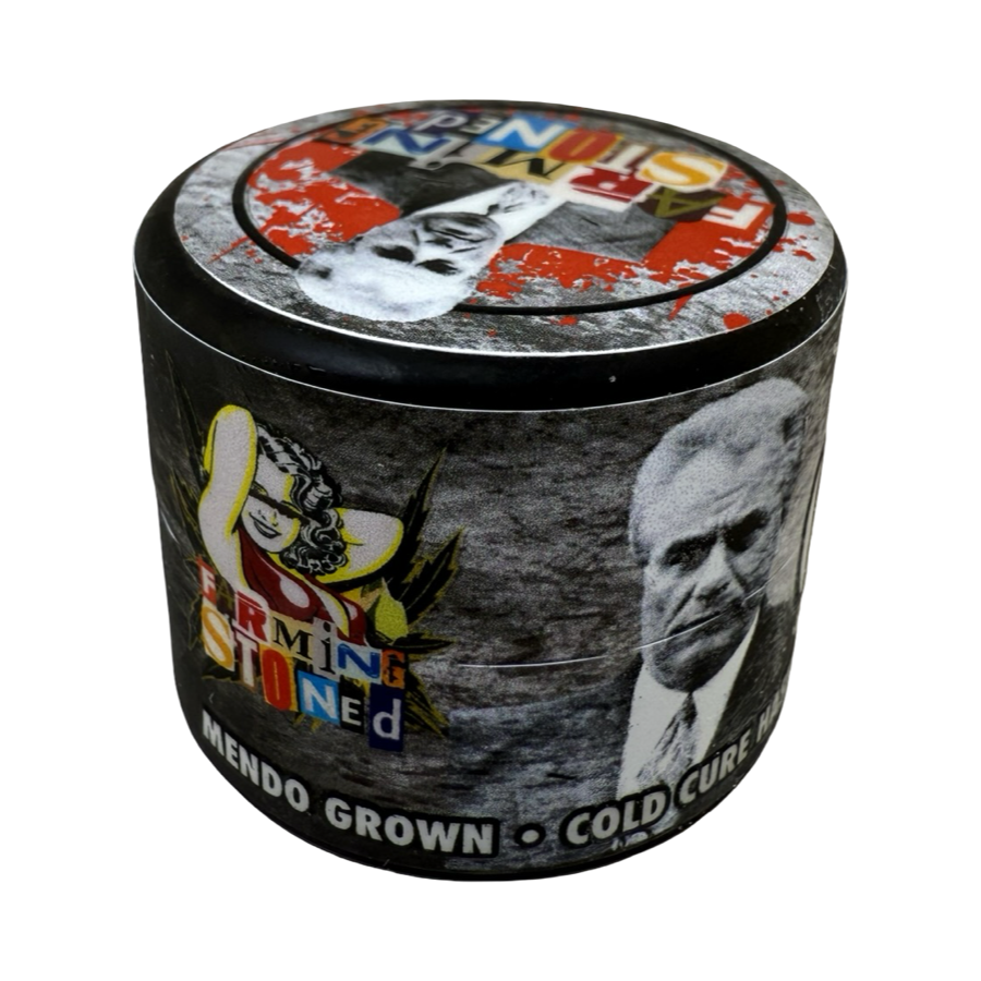 Gottibeltz Cold Cure Hash Rosin jar back label with grayscale portrait design and Farming Stoned branding.