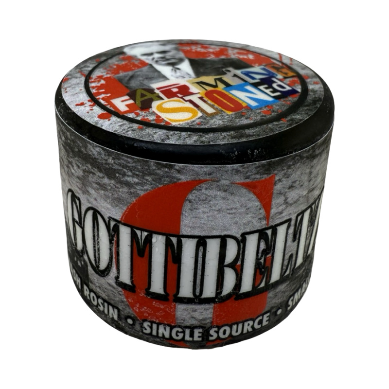 Gottibeltz Cold Cure Hash Rosin jar by Farming Stoned with grayscale collage artwork and bold red “G” logo.