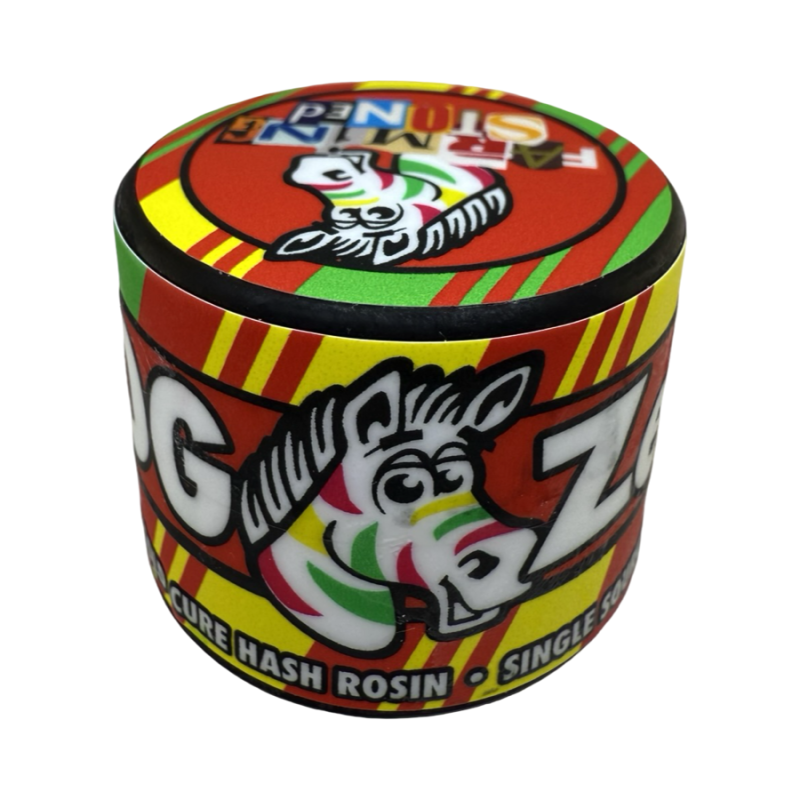 OG Zebra Cold Cure Hash Rosin jar by Farming Stoned with rainbow zebra artwork and bold red, green, and yellow label.