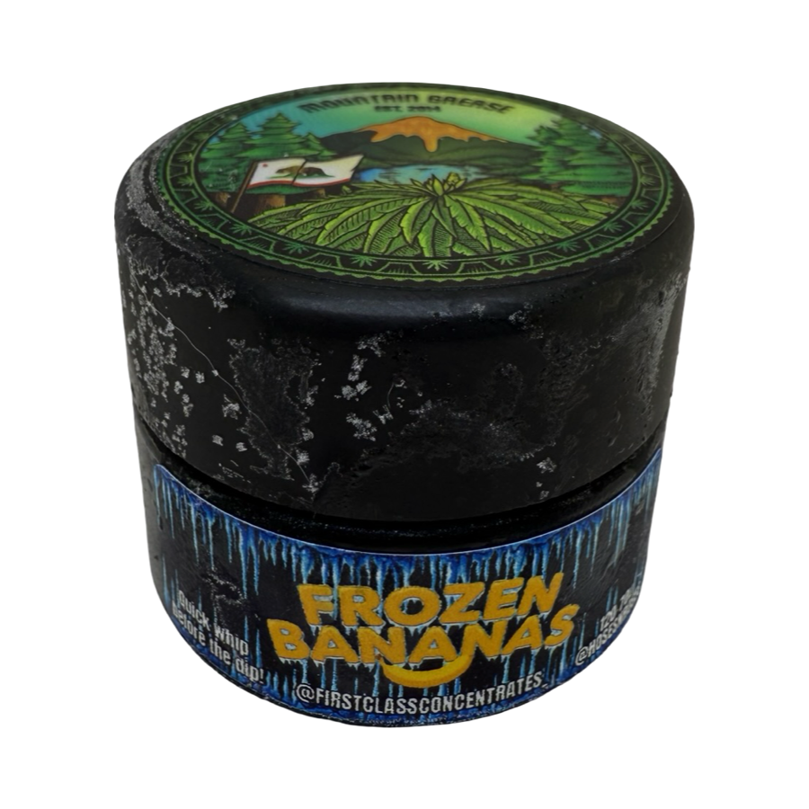 Frozen Bananas Cold Cure rosin jar by Mountain Grease × First Class Concentrates with blue icicle label design.