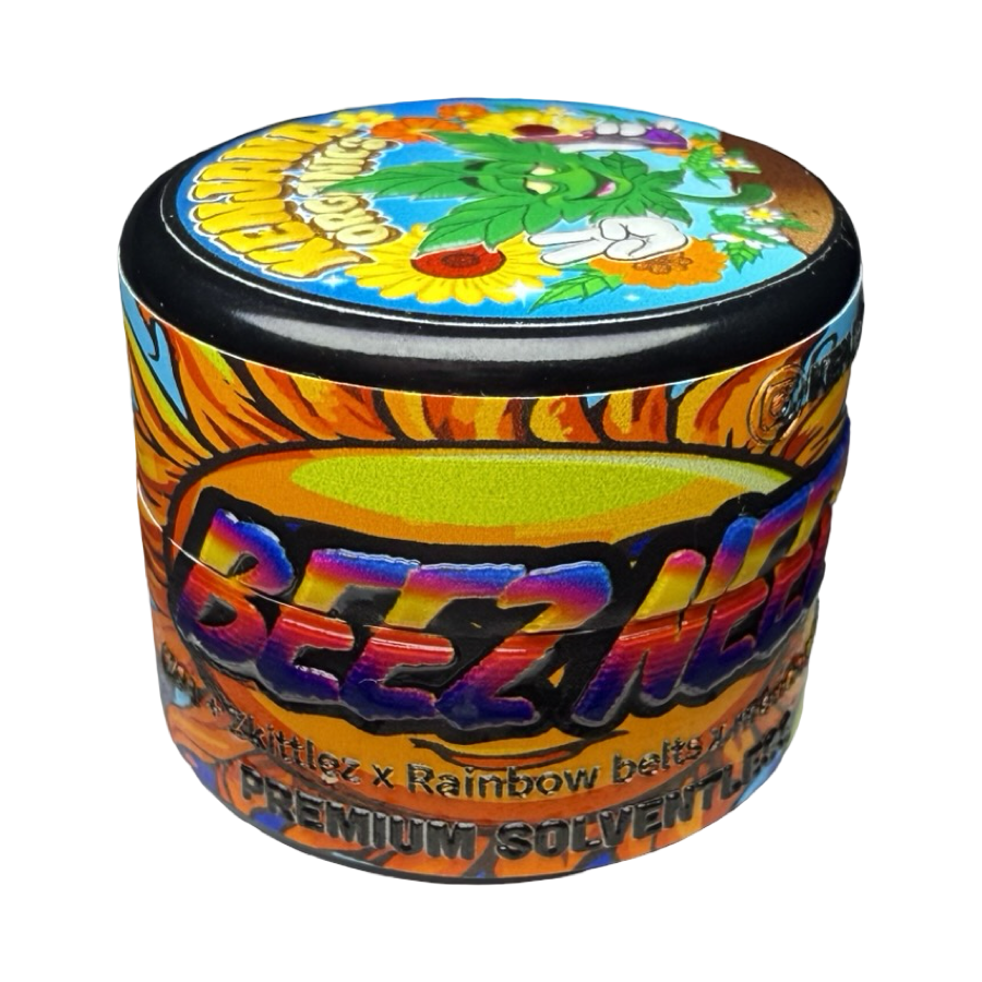 Front of Beezneez hash rosin jar showing strain name and branding