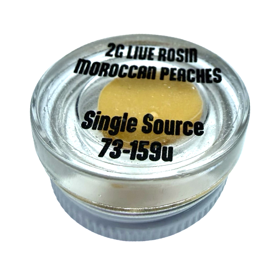 Moroccan Peaches Live Rosin 2G jar open with creamy texture